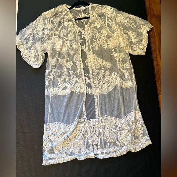 Sheer Off White Lace Kimono cardigan cover up dress Sz-L/XL. AA13 - Picture 4 of 9